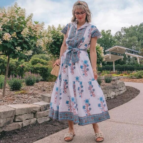 Victoria Dunn Dresses & Skirts - Victoria Dunn Folly Dress Size XS Rosa White Blue Blockprint Midi *no belt